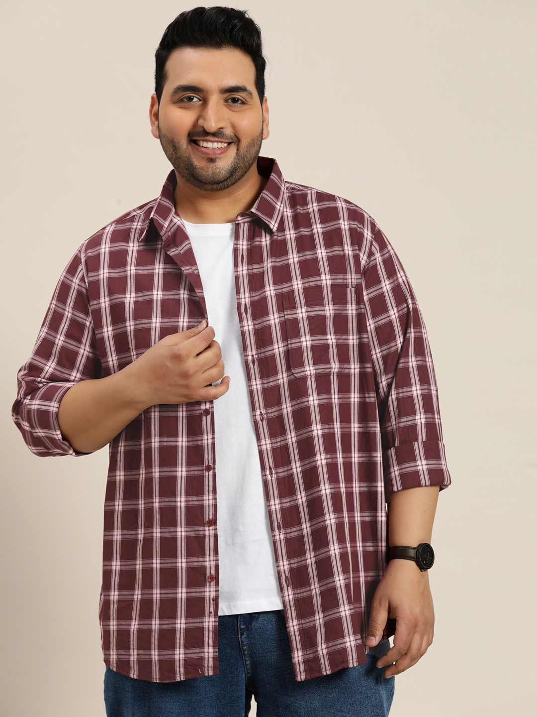 

Sztori Plus Size Tartan Checked Cotton Casual Shirt, Maroon