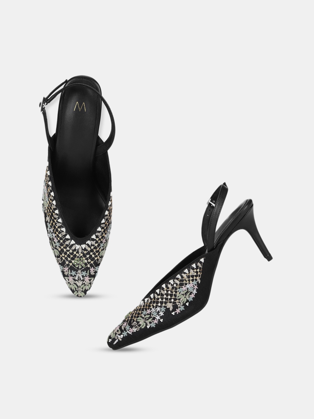 

W Women Black & Green Embellished Kitten Mules with Buckles