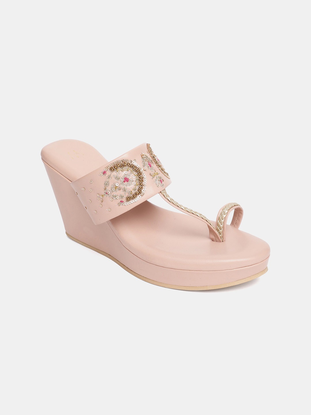 

W Women Pink Embellished PU Wedge Sandals