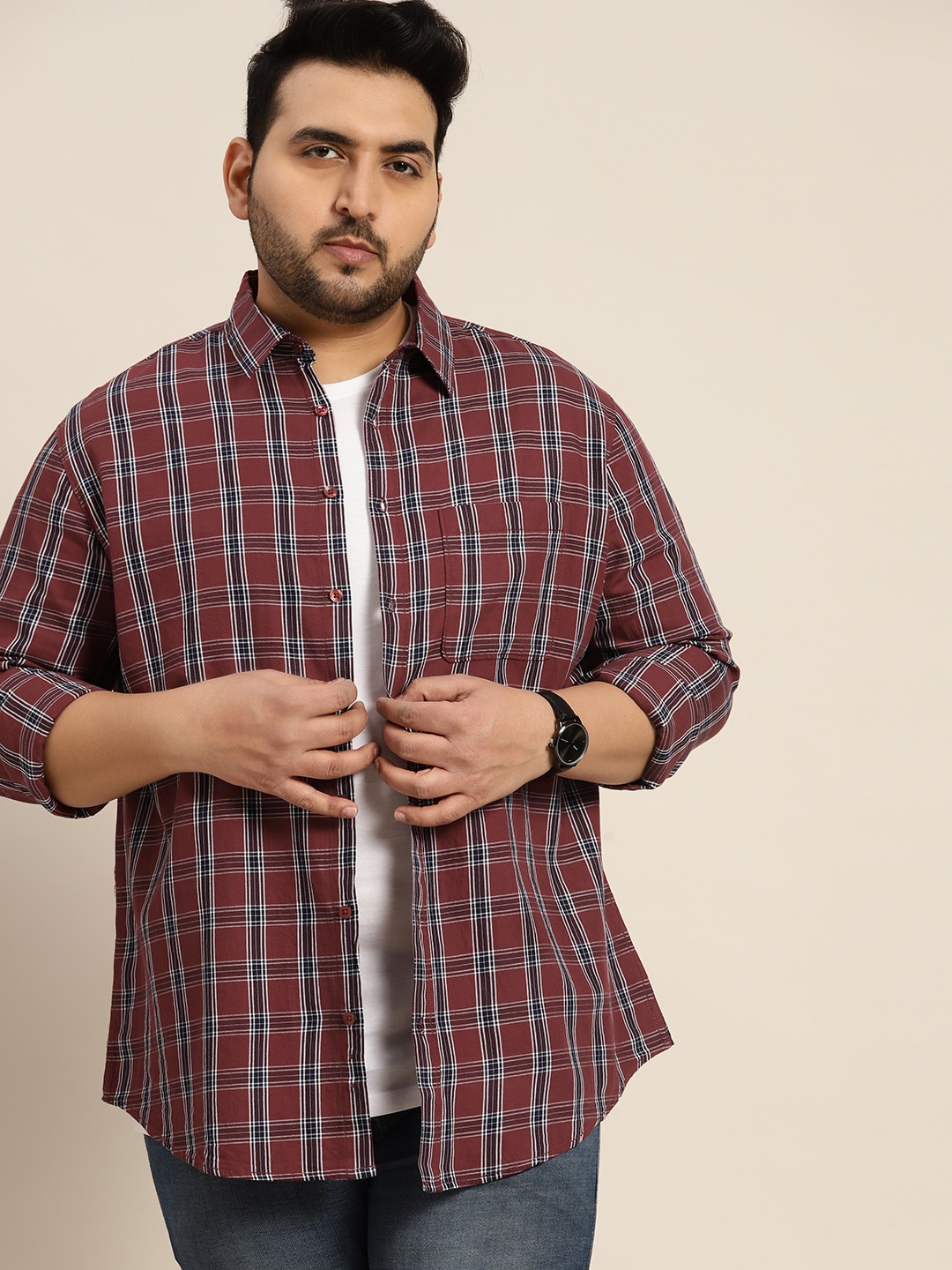

Sztori Men Plus Size Tartan Checked Pure Cotton Casual Shirt, Maroon