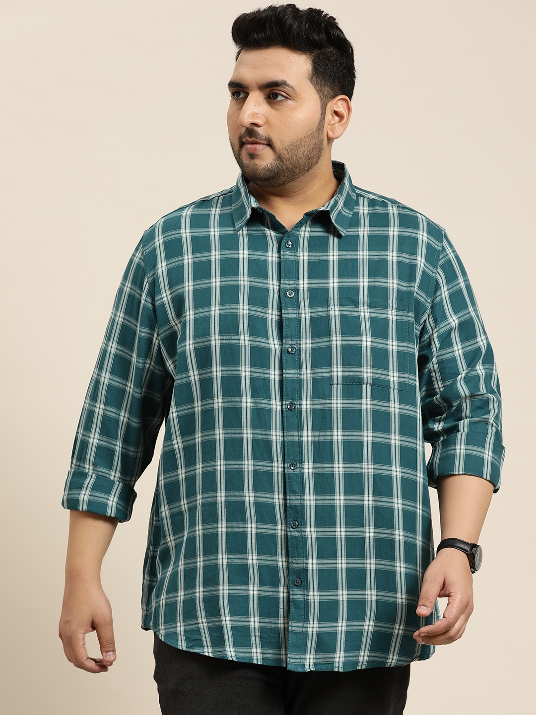 

Sztori Men Plus Size Cotton Checked Casual Shirt, Green