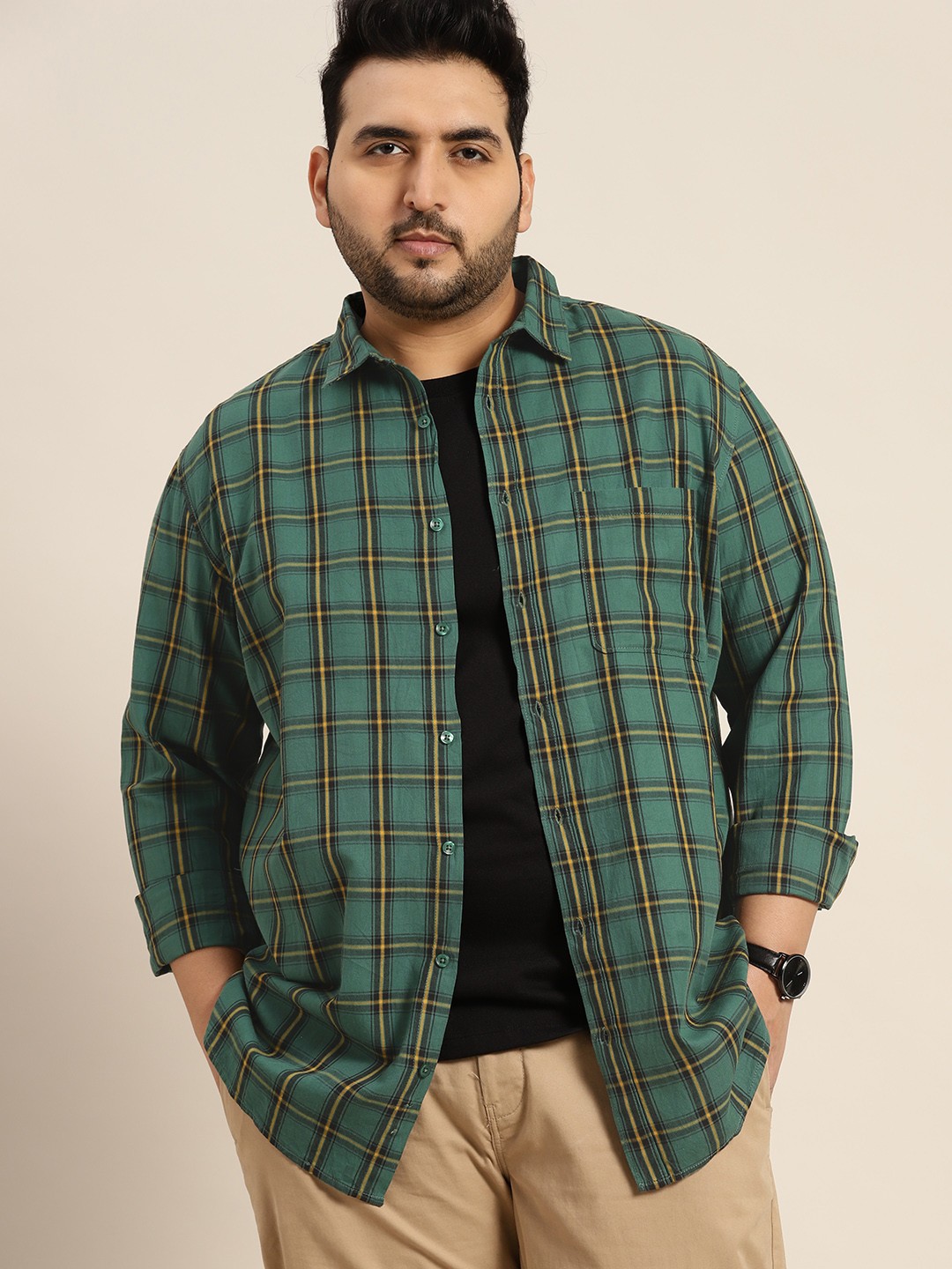 

Sztori Men Plus Size Tartan Checked Pure Cotton Casual Shirt, Green