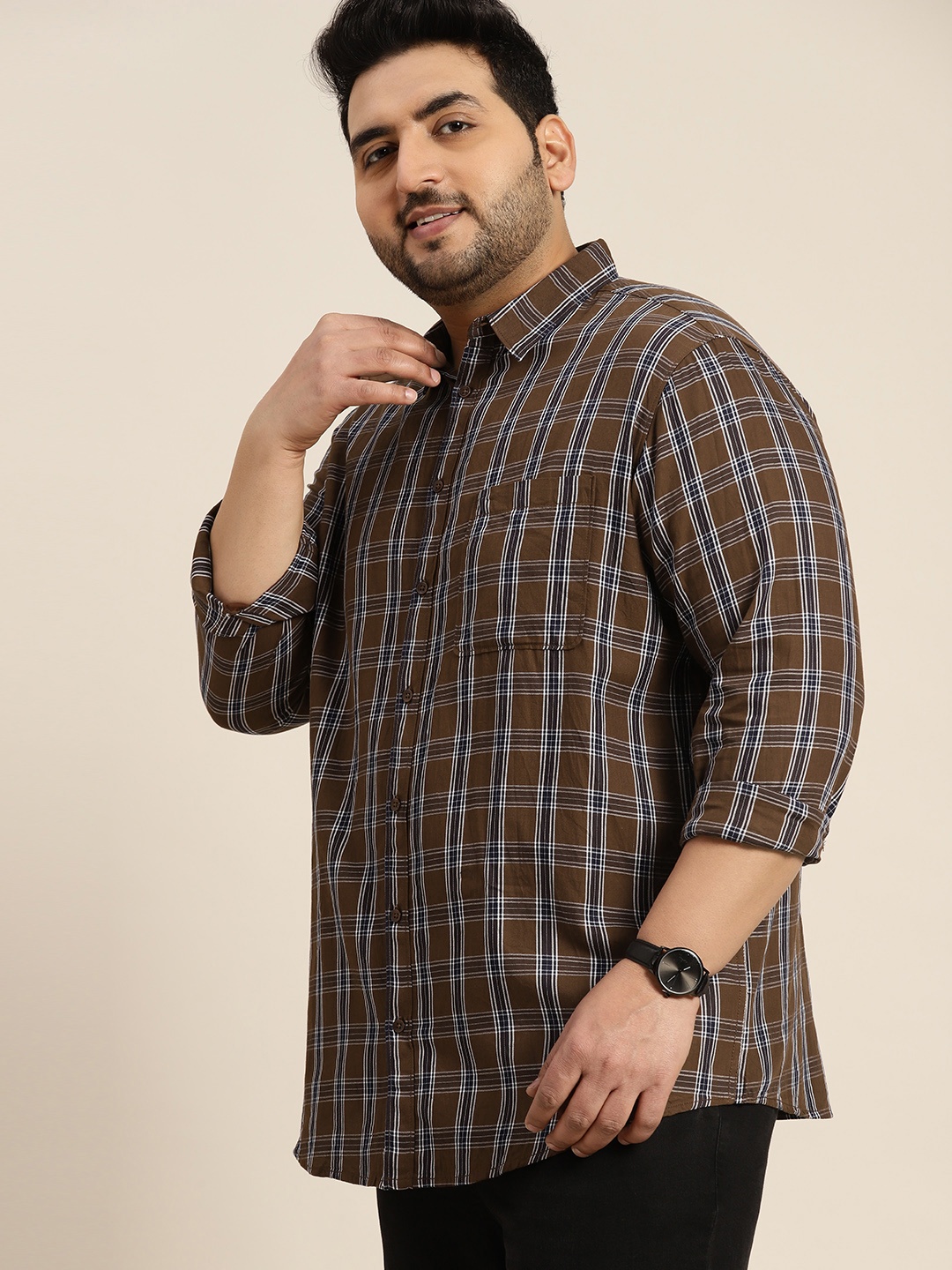 

Sztori Men Plus Size Tartan Checked Pure Cotton Casual Shirt, Brown