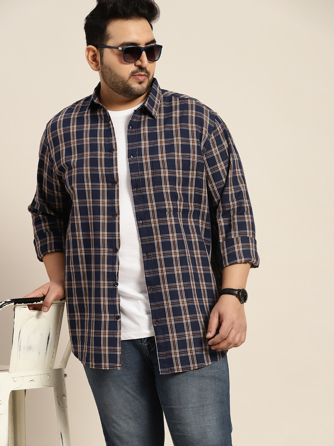 

Sztori Men Plus Size Tartan Checked Pure Cotton Casual Shirt, Navy blue