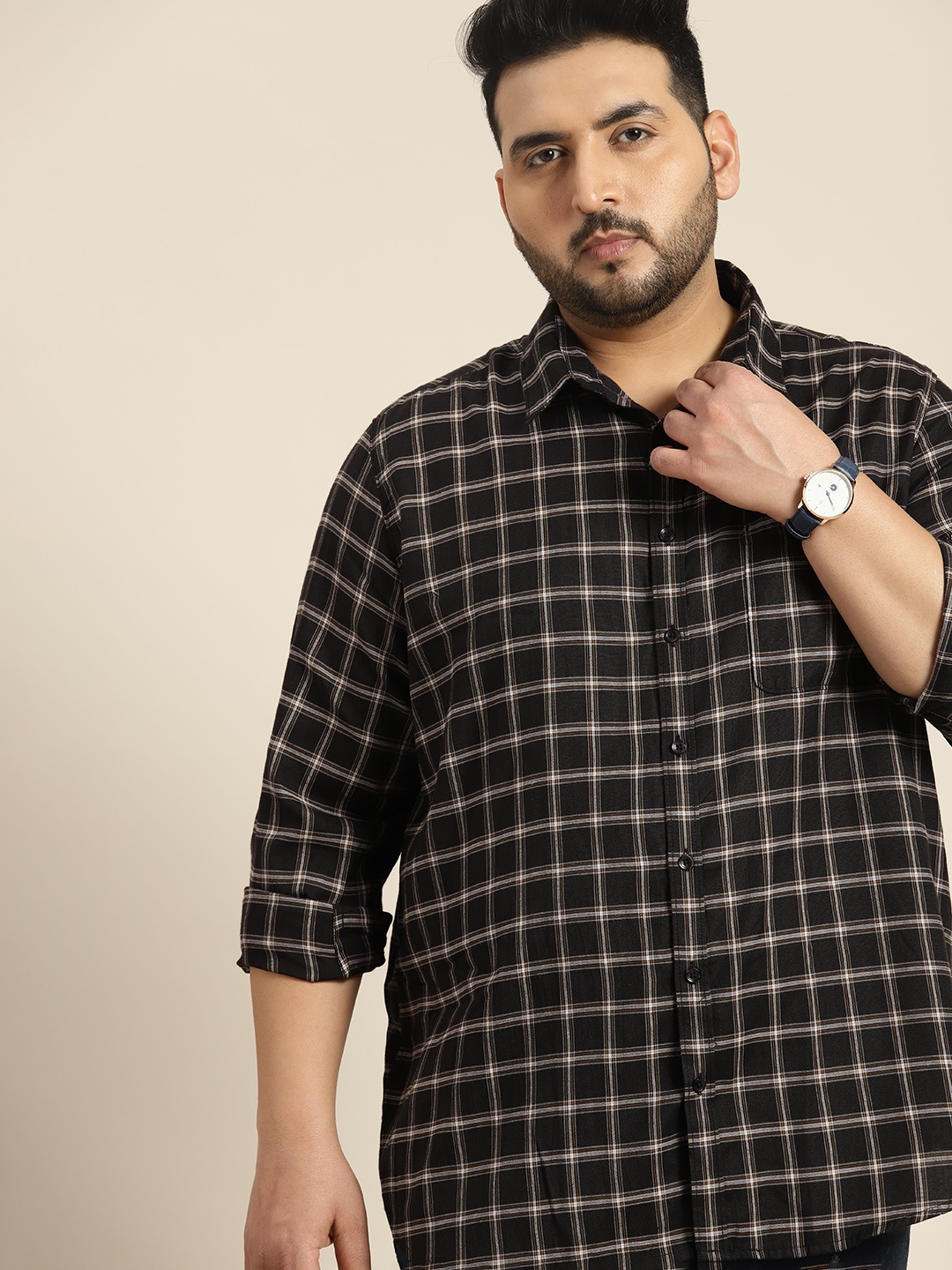 

Sztori Plus Size Cotton Grid Tattersall Checked Casual Shirt, Black