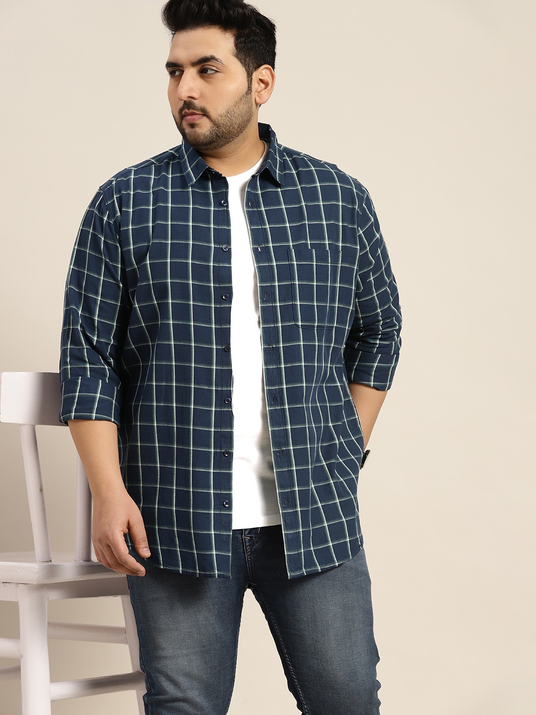 

Sztori Men Plus Size Checked Pure Cotton Casual Shirt, Navy blue