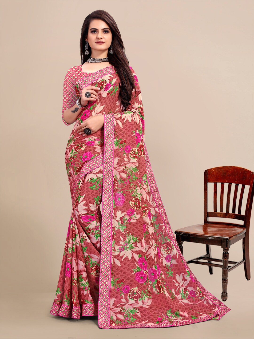 

KALINI Pink & Green Floral Pure Georgette Saree