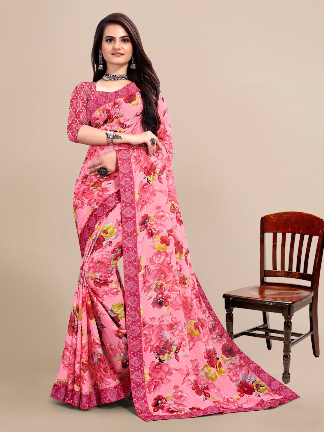 

KALINI Pink & Mustard Floral Pure Georgette Saree