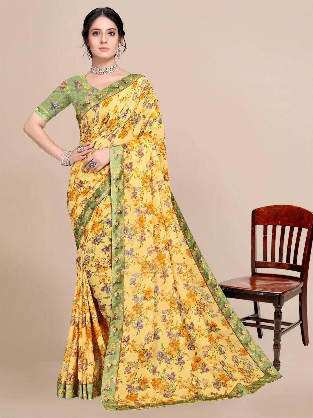 

KALINI Yellow & Green Floral Pure Georgette Saree