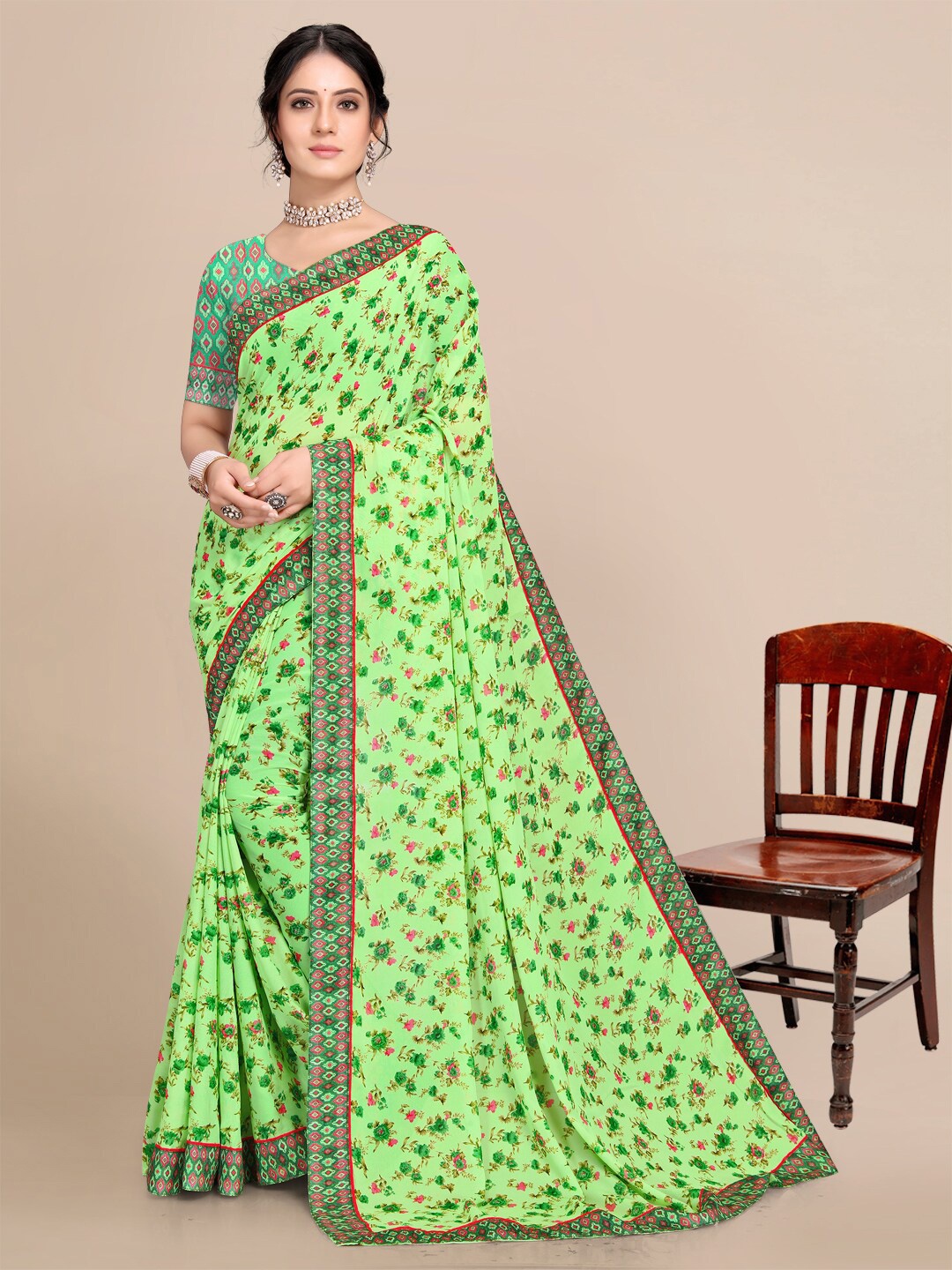 

KALINI Green & Pink Floral Pure Georgette Saree
