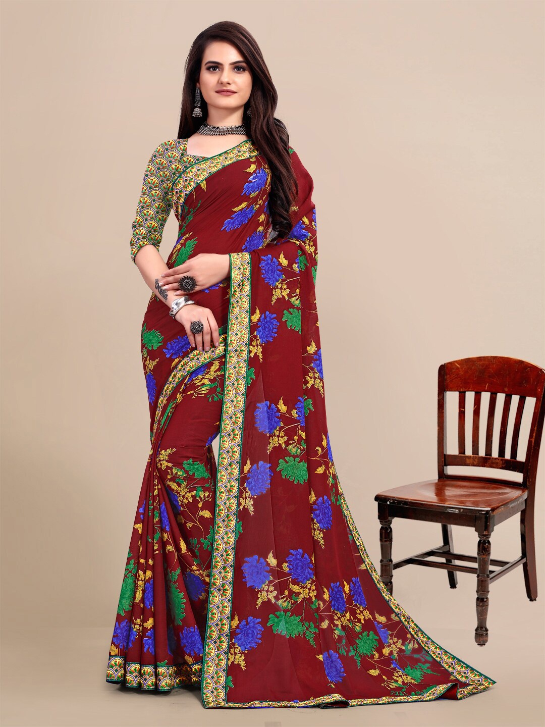 

KALINI Maroon & Blue Floral Pure Georgette Saree