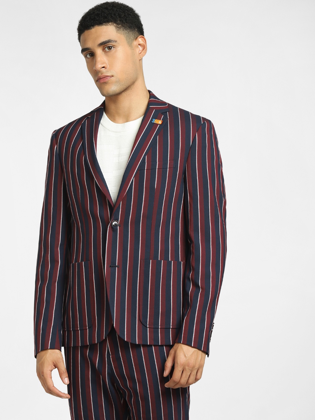 

Jack & Jones Men Maroon Striped Single-Breasted Slim-Fit Blazer, Navy blue