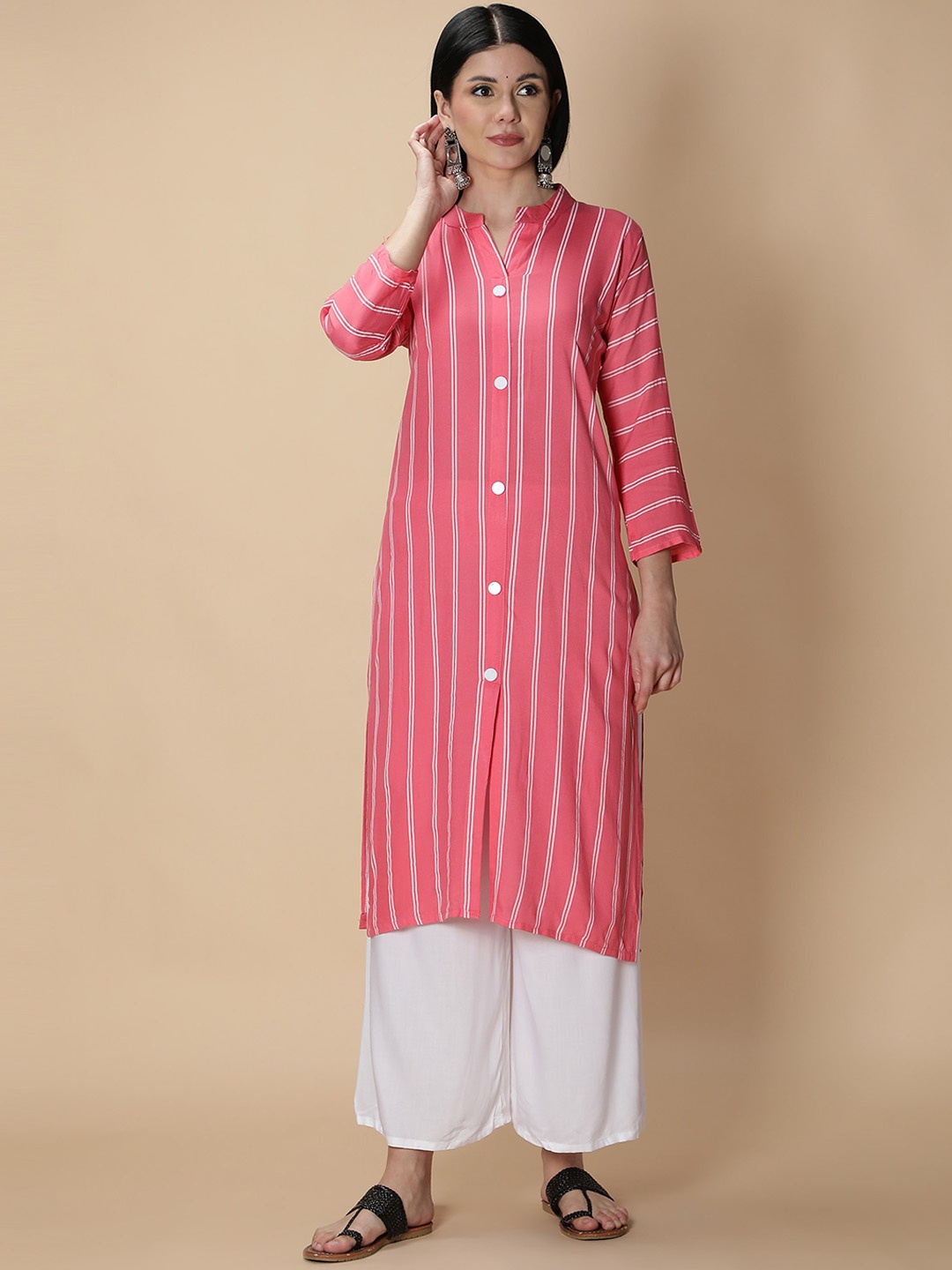 Fabclub Women Pink & White Striped Straight Kurta with Palazzo