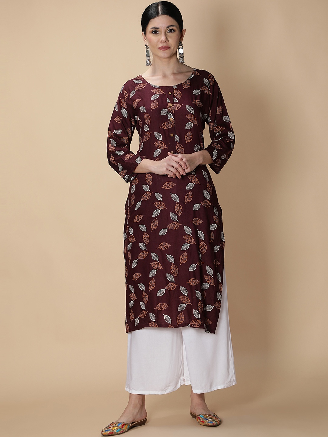 

Fabclub Women Burgundy & White Printed Straight Kurta with Palazzo