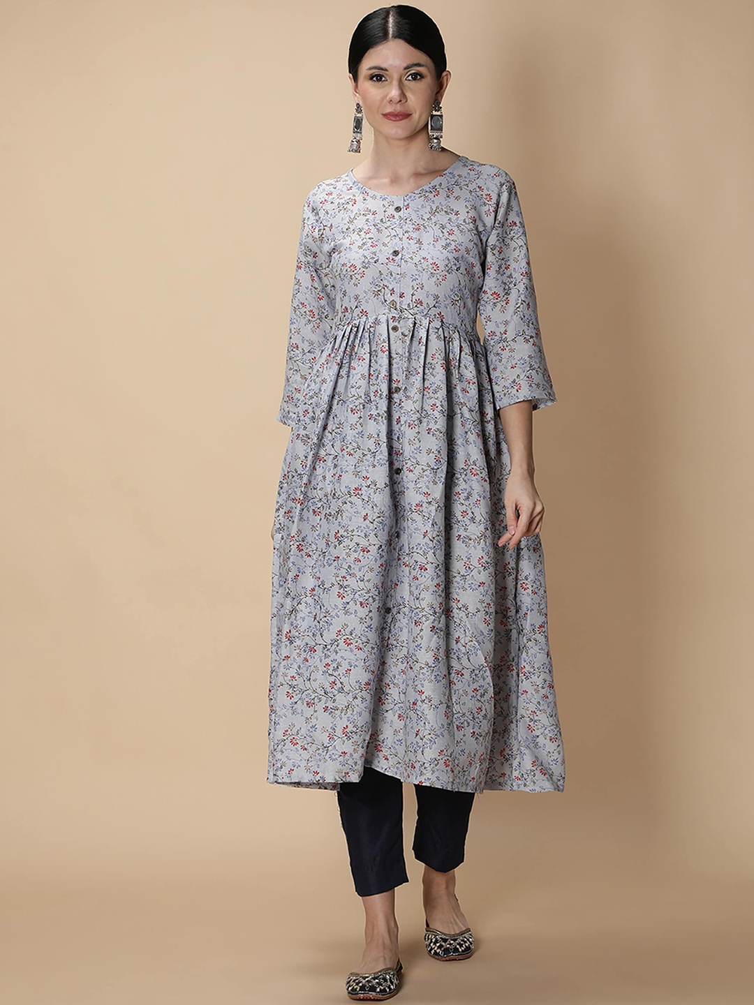 

Fabclub Women Blue & Green Floral Printed A-Line Kurta with Trousers