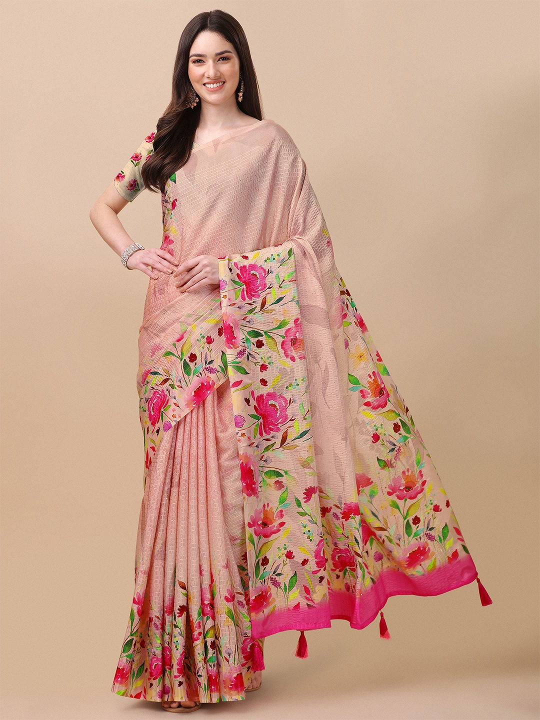 

Mitera Peach-Coloured & Green Floral Printed Saree