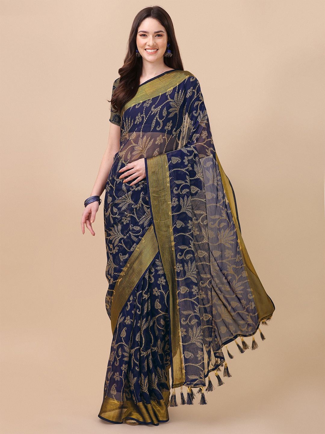 

Mitera Navy Blue & Beige Floral Printed Saree