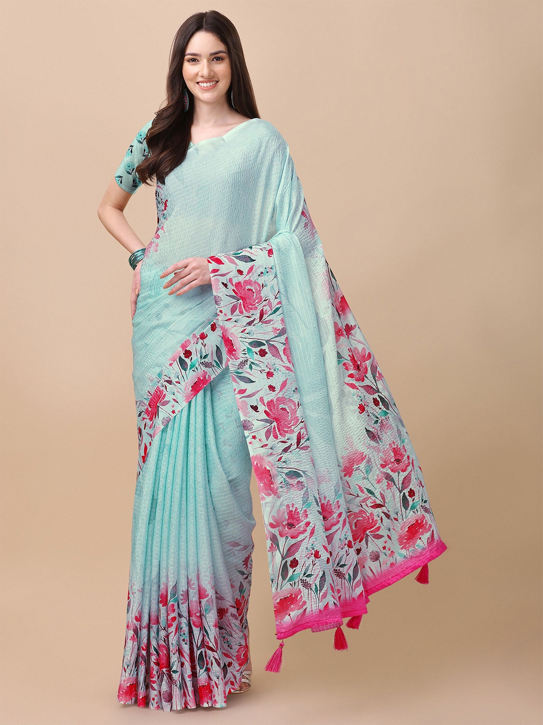 

Mitera Blue & Pink Floral Printed Saree