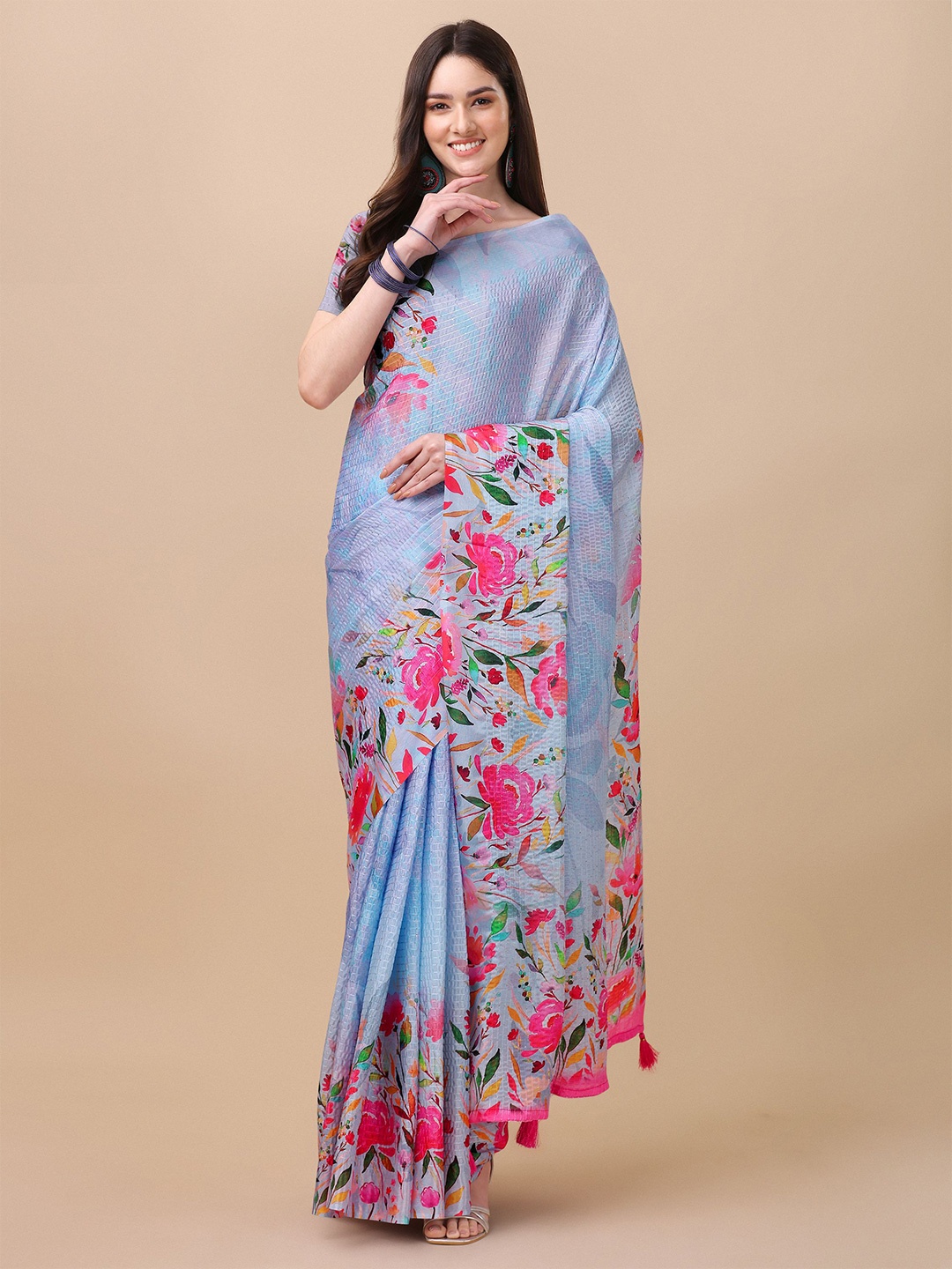 

Mitera Silver-Toned & Pink Floral Saree