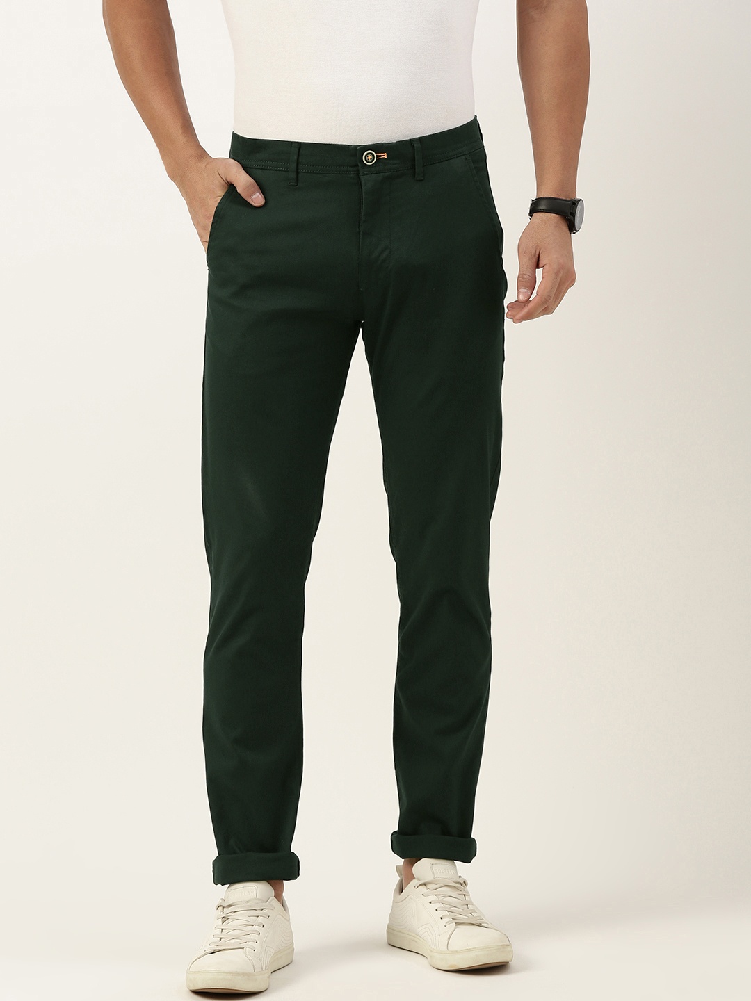 

Peter England Casuals Men Super Slim Fit Mid-Rise Casual Trousers, Green