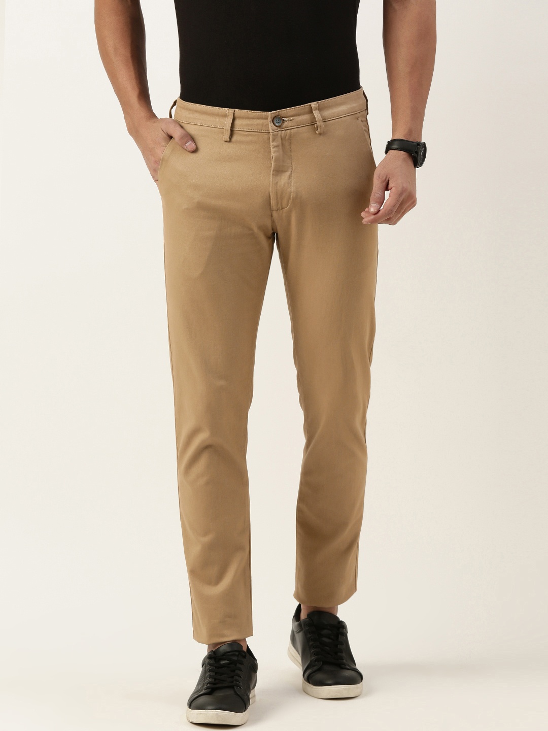 

Peter England Casuals Men Super Slim Fit Mid-Rise Casual Trousers, Khaki