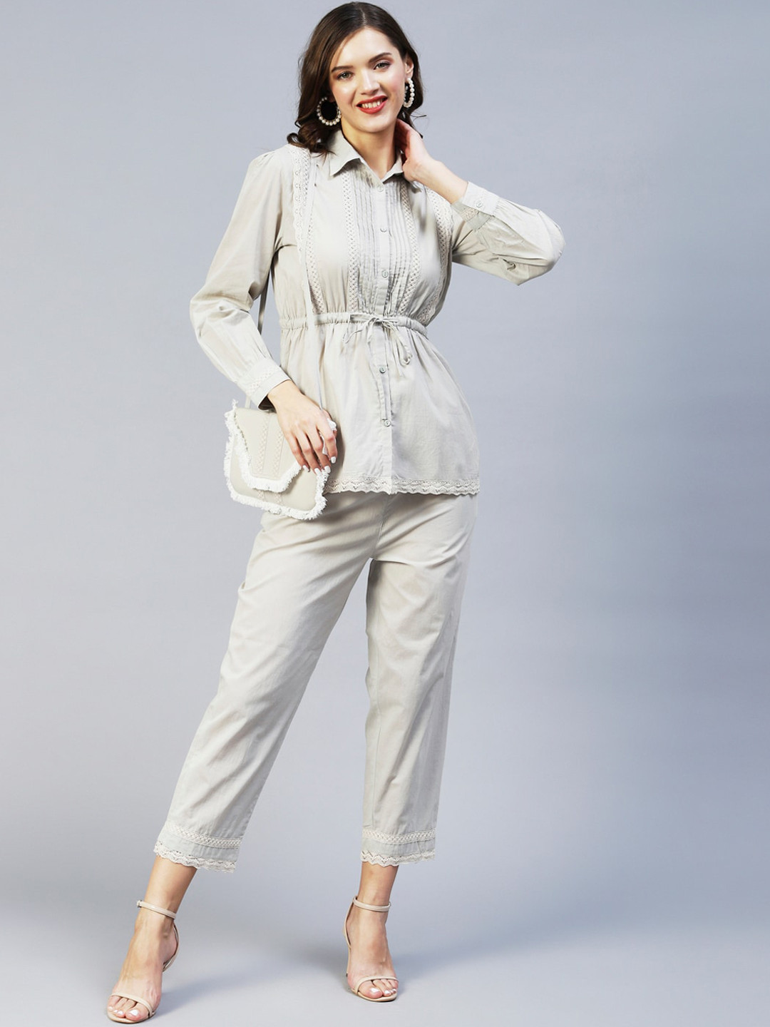 

FASHOR Women Grey Embroidered Pure Cotton Co-Ords