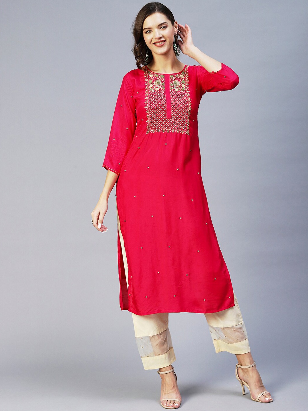 

FASHOR Floral Embroidered Silk Kurta, Pink