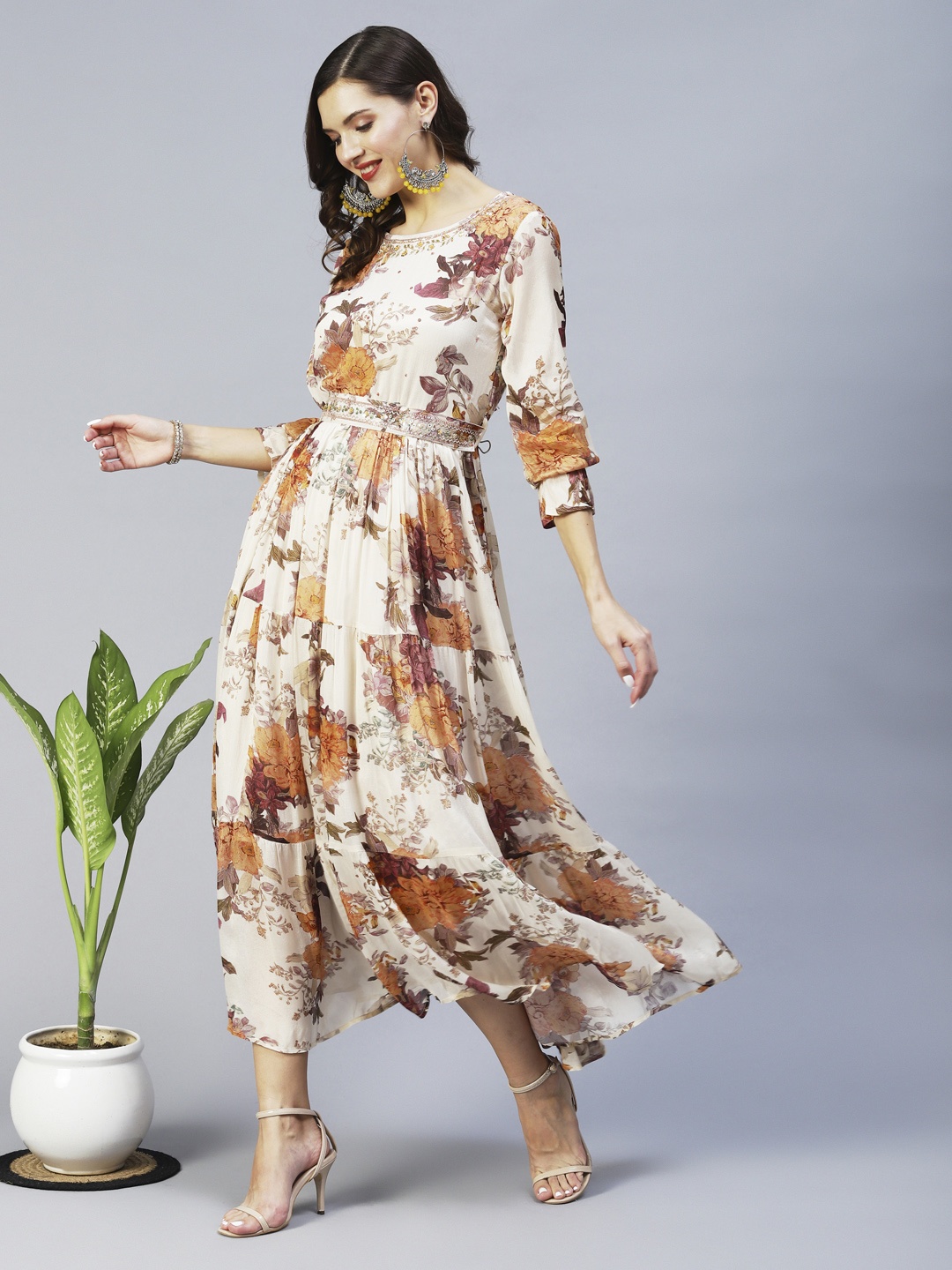 

FASHOR Women Cream & Mustard Yellow Floral Chiffon Maxi Dress