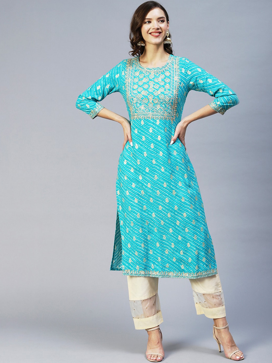 

FASHOR Leheriya Foil Printed Thread Work Straight Calf Length Regular Kurta, Turquoise blue