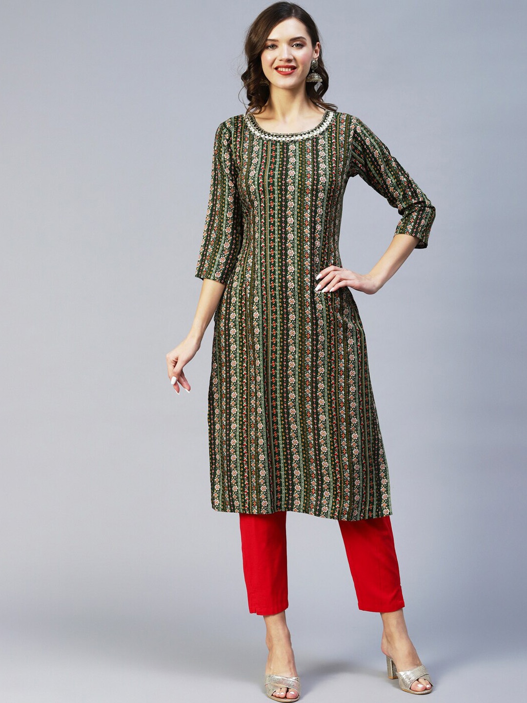 

FASHOR Ethnic Motifs Printed Straight Kurta, Green