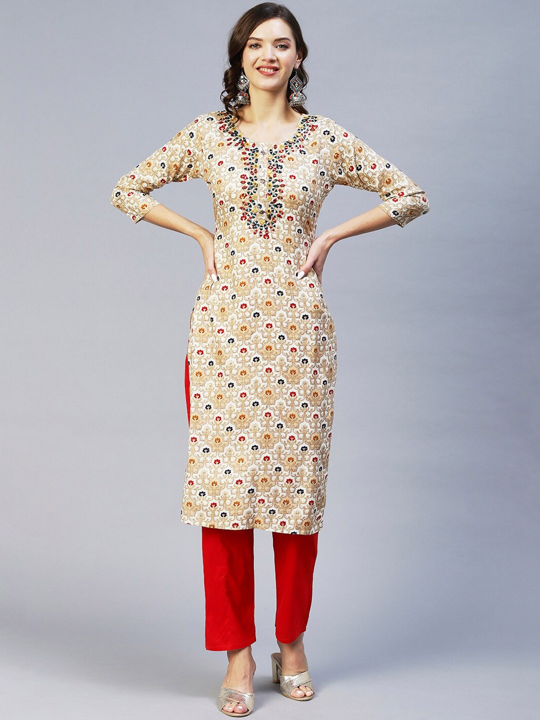 

FASHOR Round Neck Ethnic Motifs Printed Straight Fit Kurta, Cream