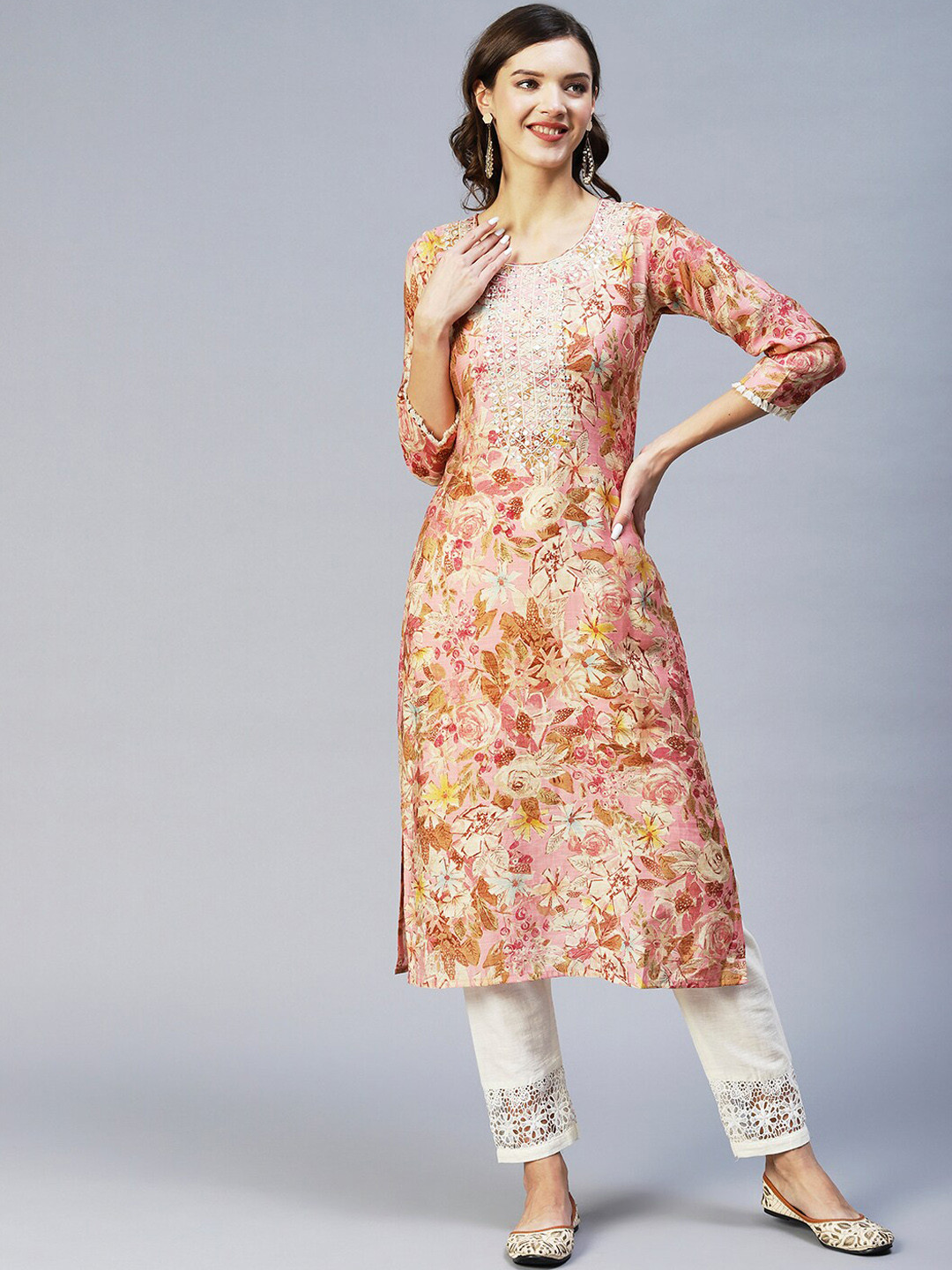 

FASHOR Women Pink Floral Printed Floral Cotton Kurta