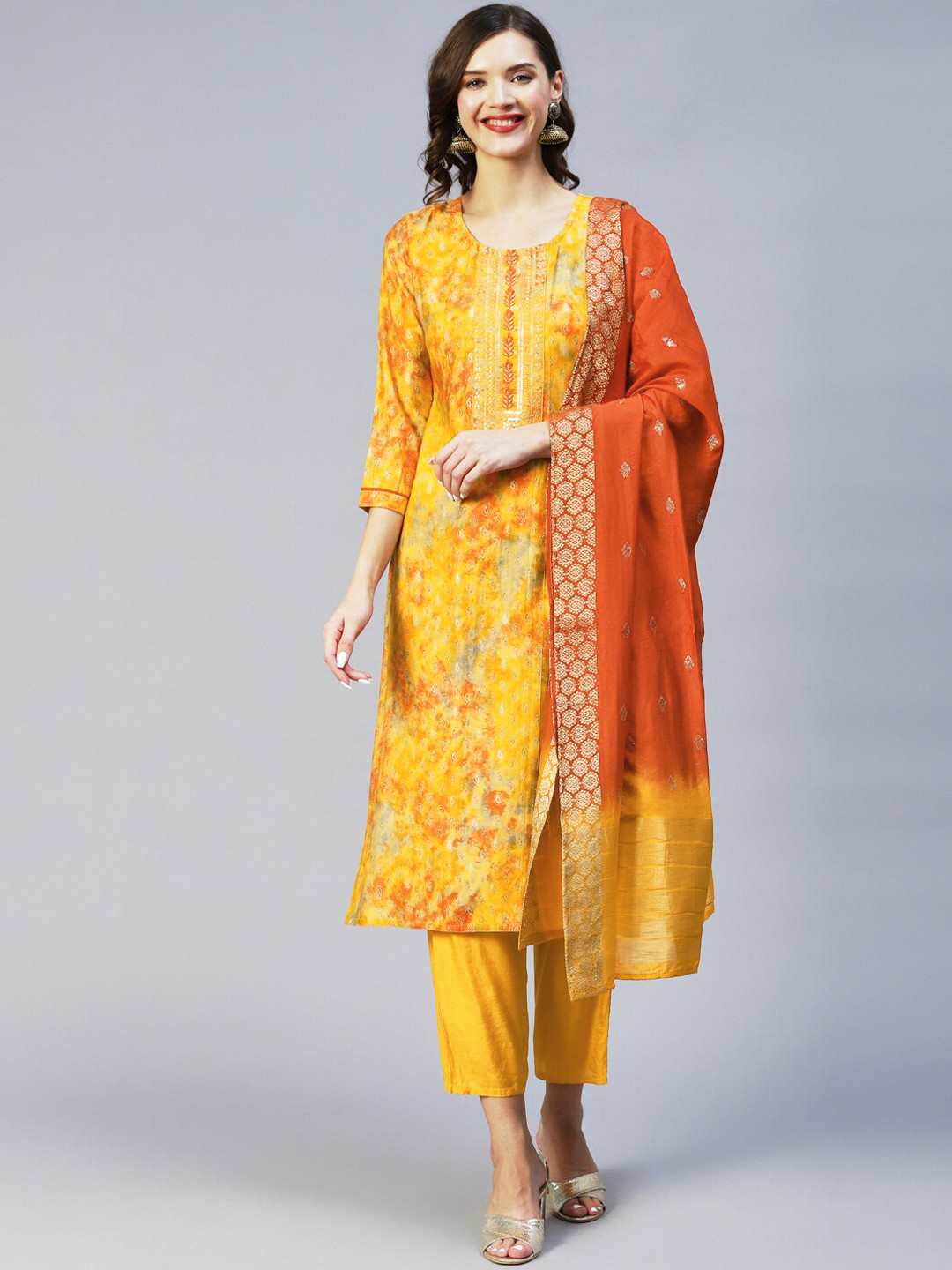 

FASHOR Women Yellow & Red Printed Mirror Work Kurta
