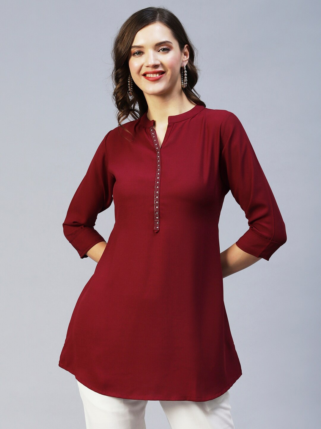 

FASHOR Women Maroon Embellished Pure Crepe Kurti