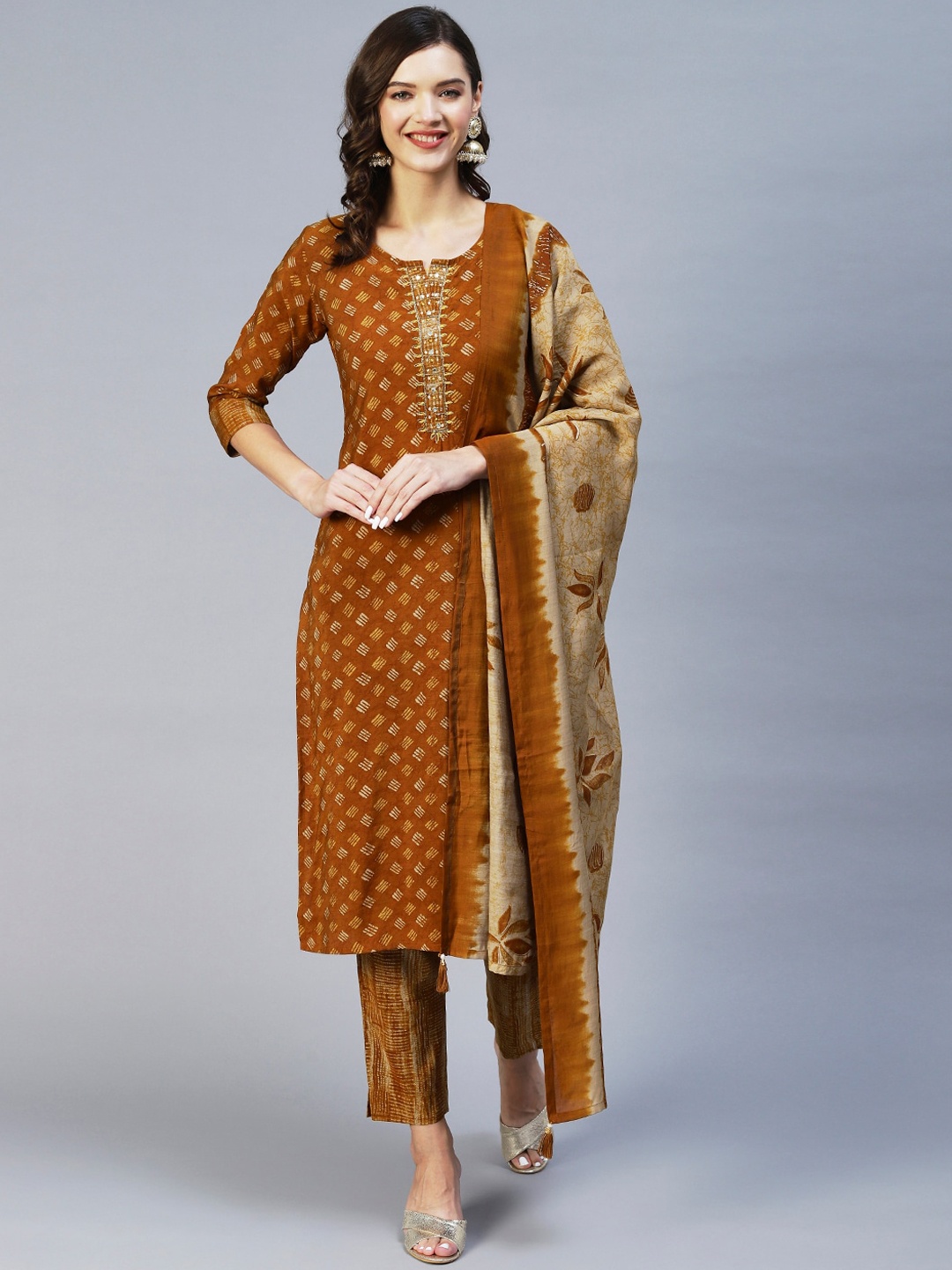 

FASHOR Women Mustard Yellow Printed Mirror Work Kurta with Trousers & With Dupatta