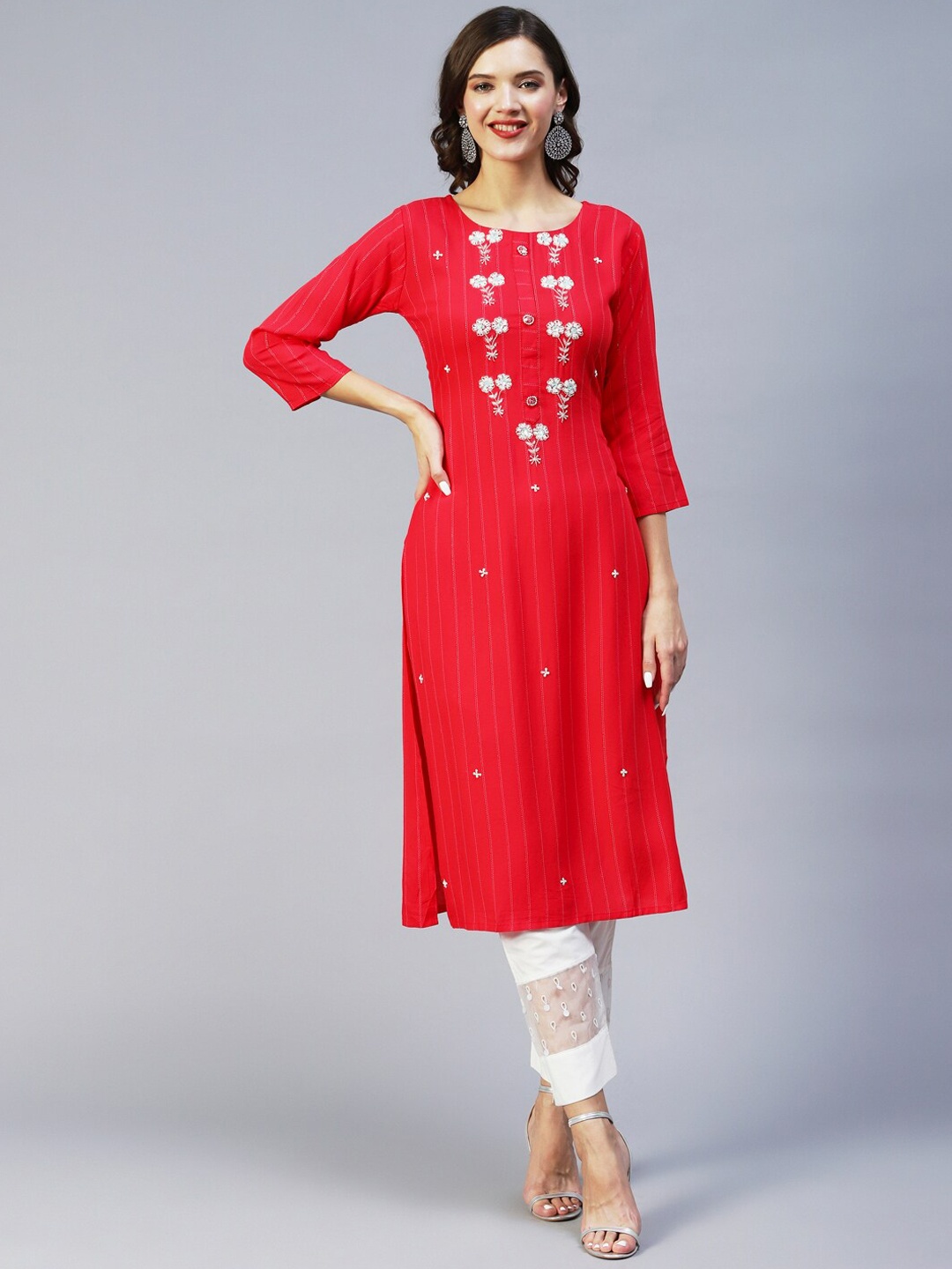 

FASHOR Striped Beads and Stones A-Line Regular Kurta, Red
