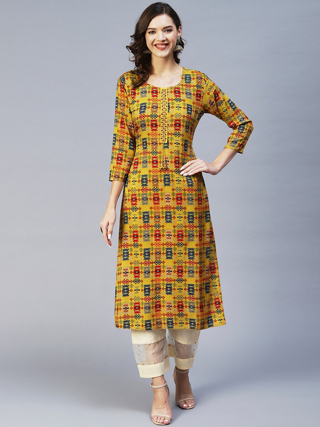 

FASHOR Women Mustard Yellow & Red Geometric Embroidered Kurta