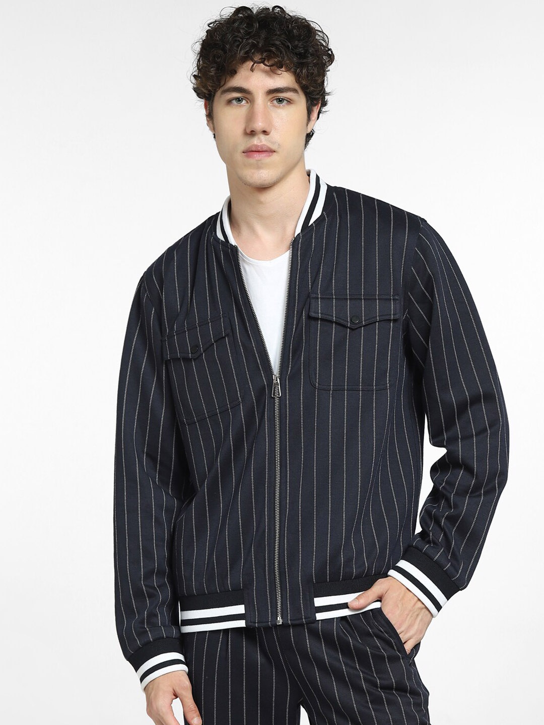 

Jack & Jones Men Navy Blue Striped Varsity Jacket