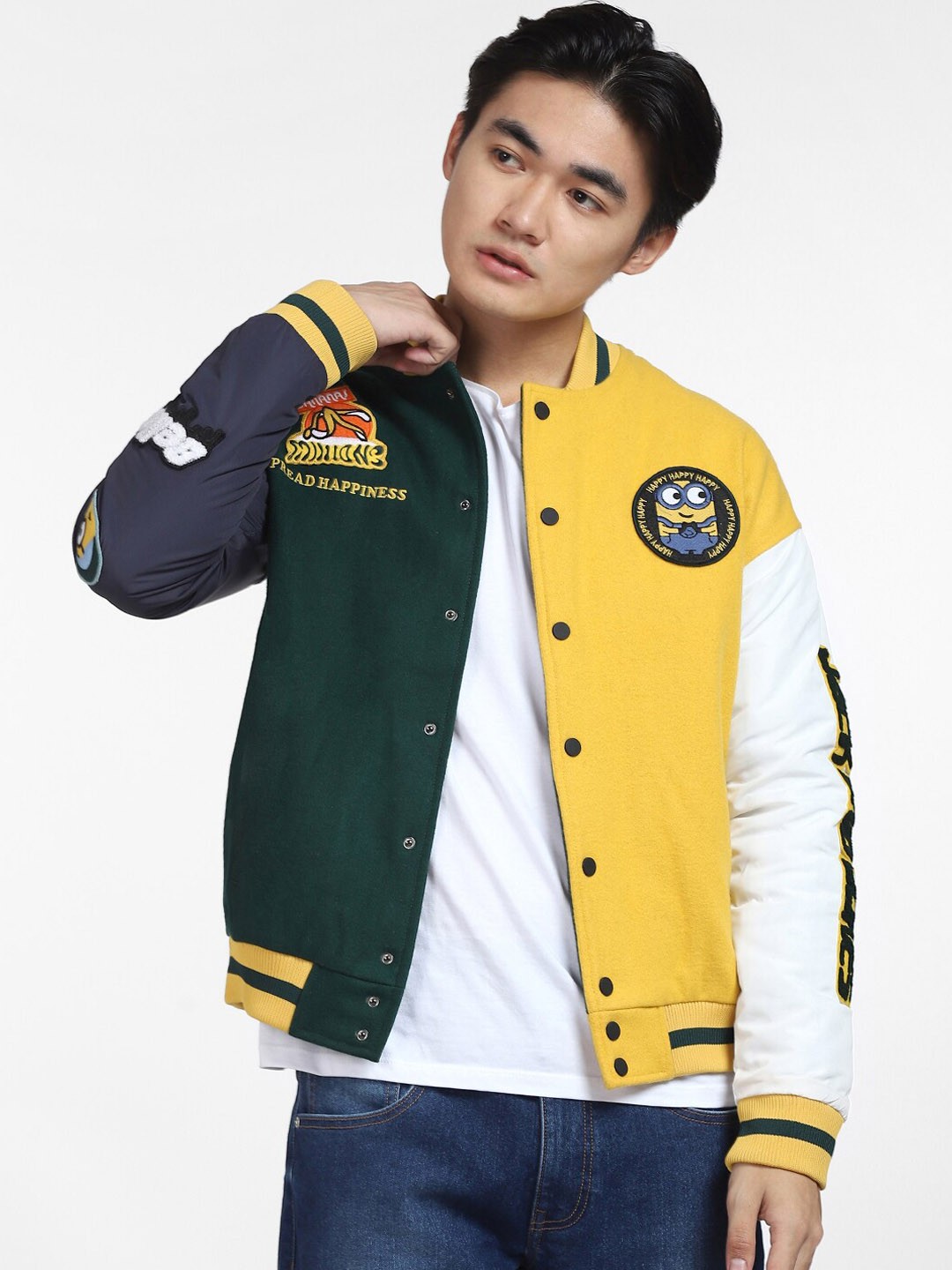 

Jack & Jones Men Yellow Green Colourblocked Denim Jacket with Patchwork
