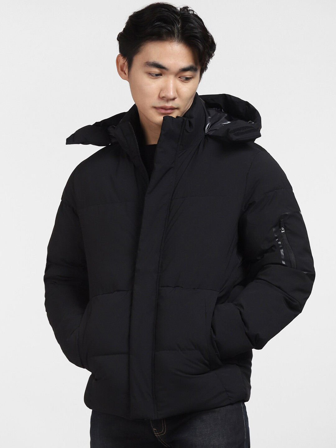 

Jack & Jones Men Black Hooded Solid Padded Jacket