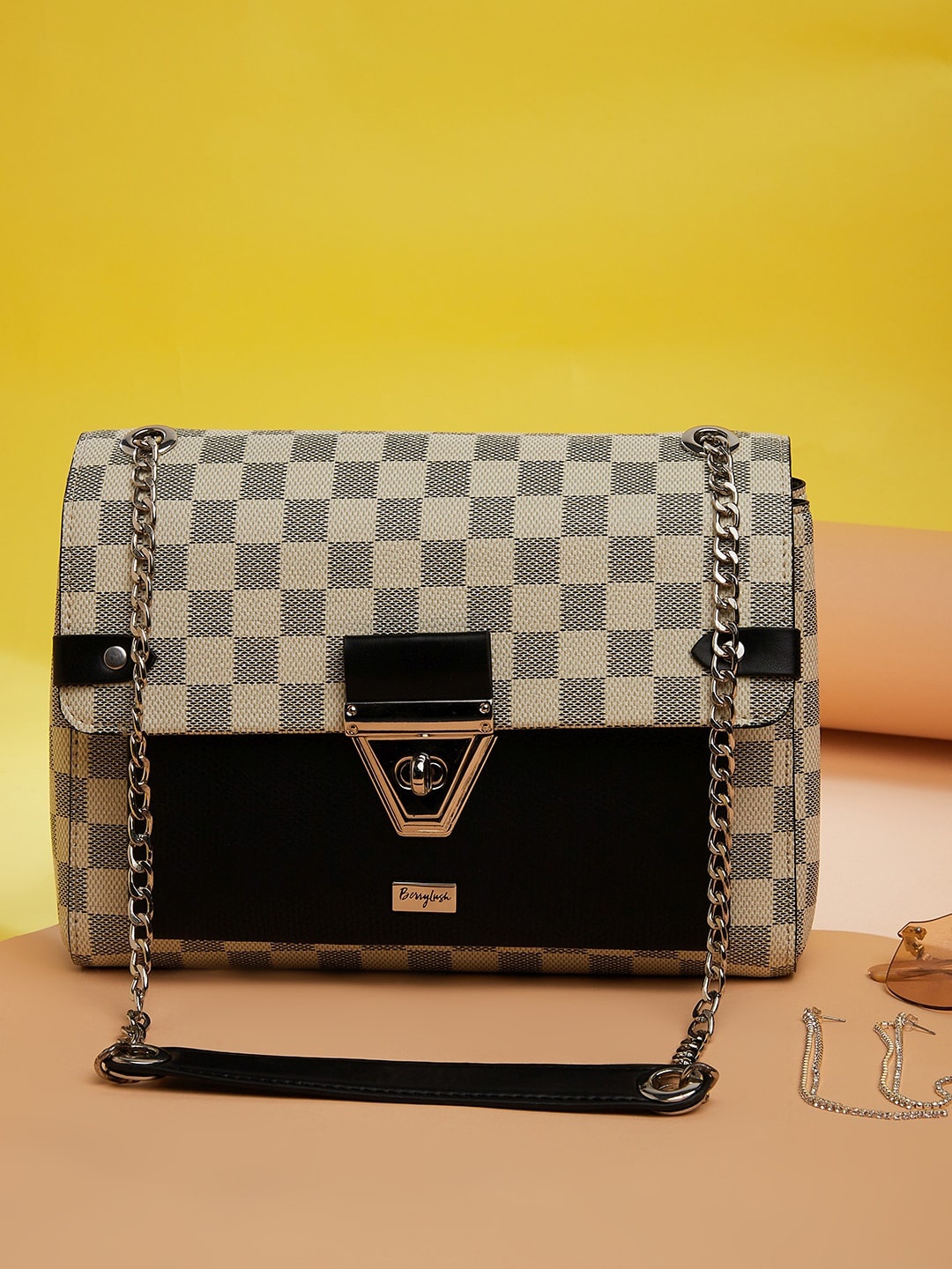 

Berrylush Off White Checked Structured Sling Bag
