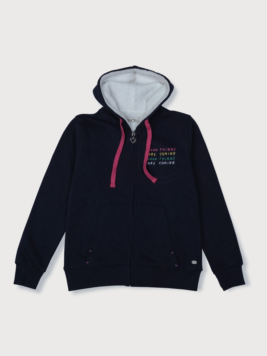 

Palm Tree Girls Navy Blue Cotton Open Front Jacket with Embroidered
