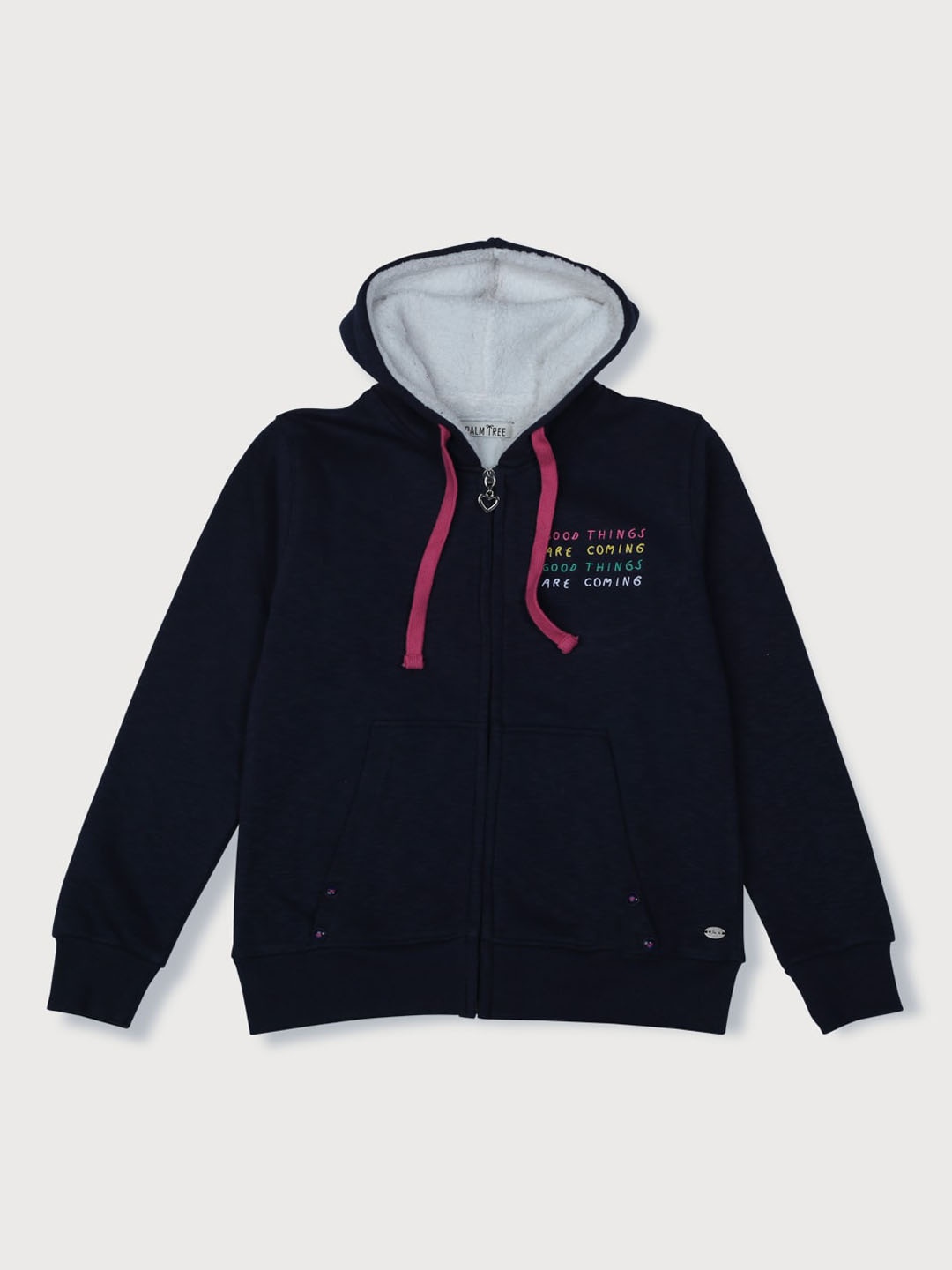 

Palm Tree Girls Navy Blue Cotton Open Front Jacket with Embroidered