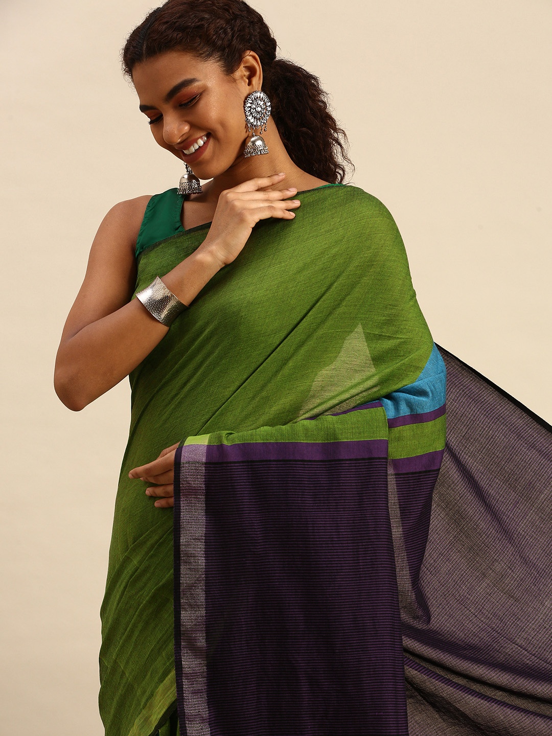 

ArtEastri Olive Green & Blue Colourblocked Cotton Saree Without Blouse Piece