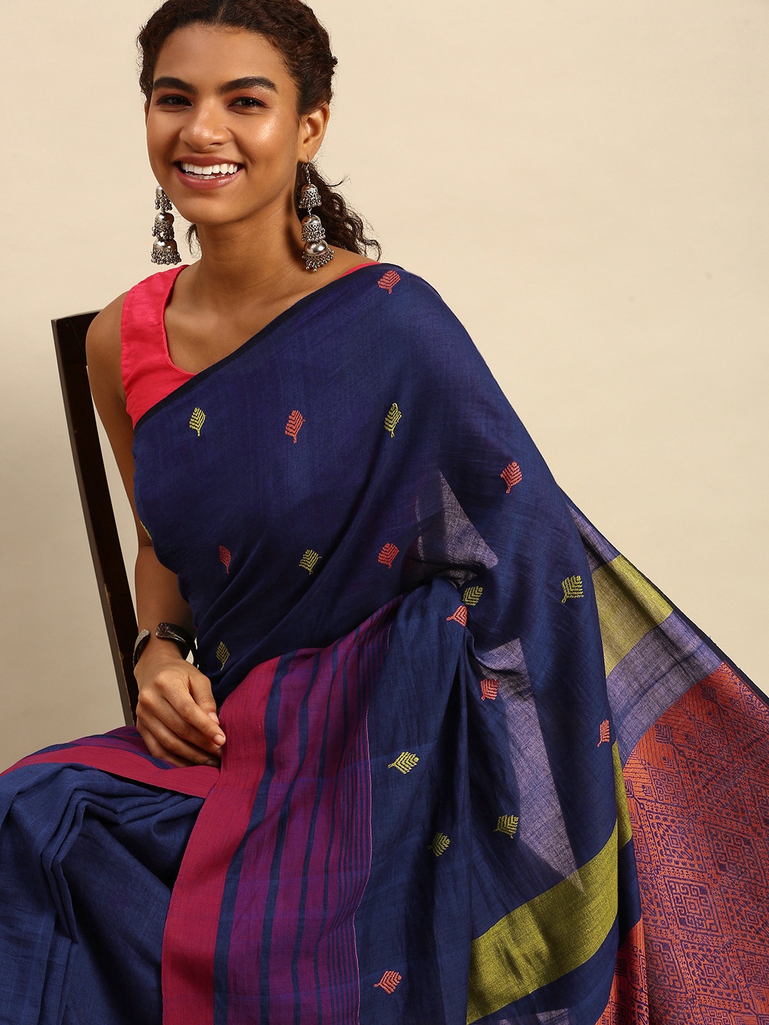 

ArtEastri Ethnic Motifs Pure Cotton Taant Saree Without Blouse Piece, Navy blue