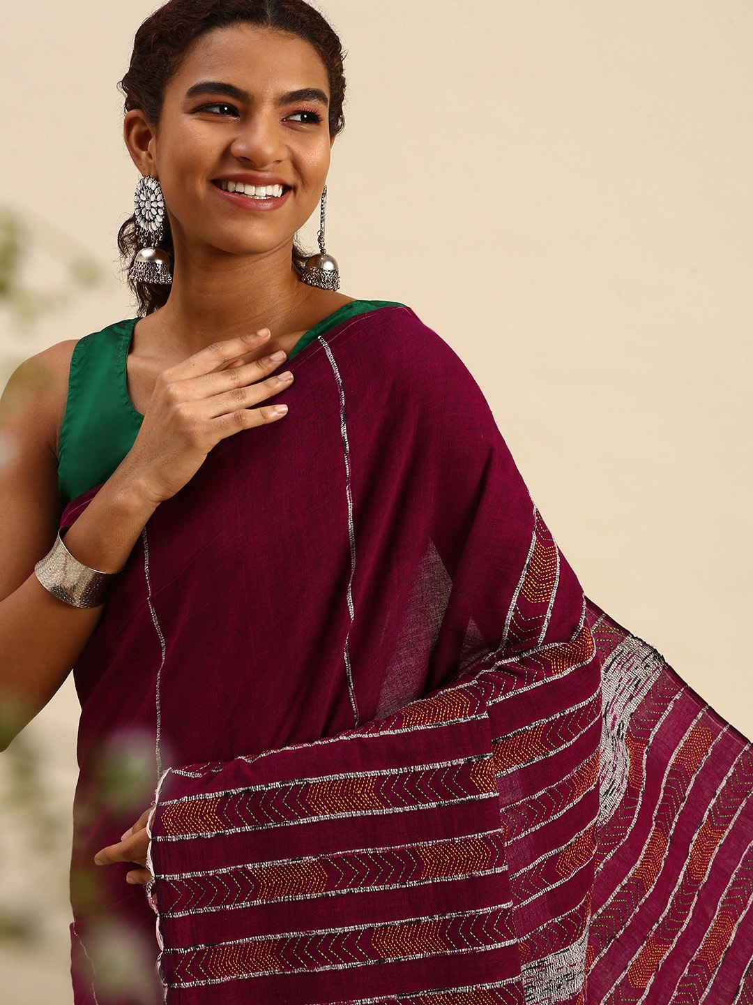 

ArtEastri Maroon Ethnic Motifs Embroidered Pure Cotton Khesh Kantha Saree With Blouse Piece