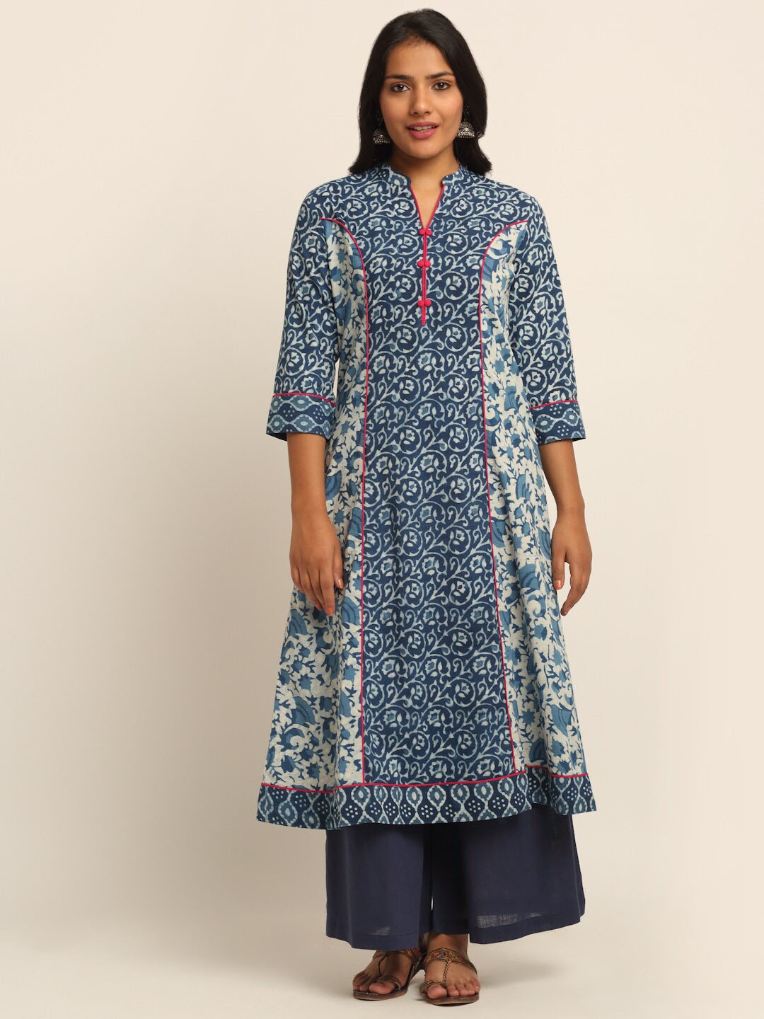 

EK BY EKTA KAPOOR Women Blue Ethnic Motifs Panelled Pure Cotton Kurta with Palazzos