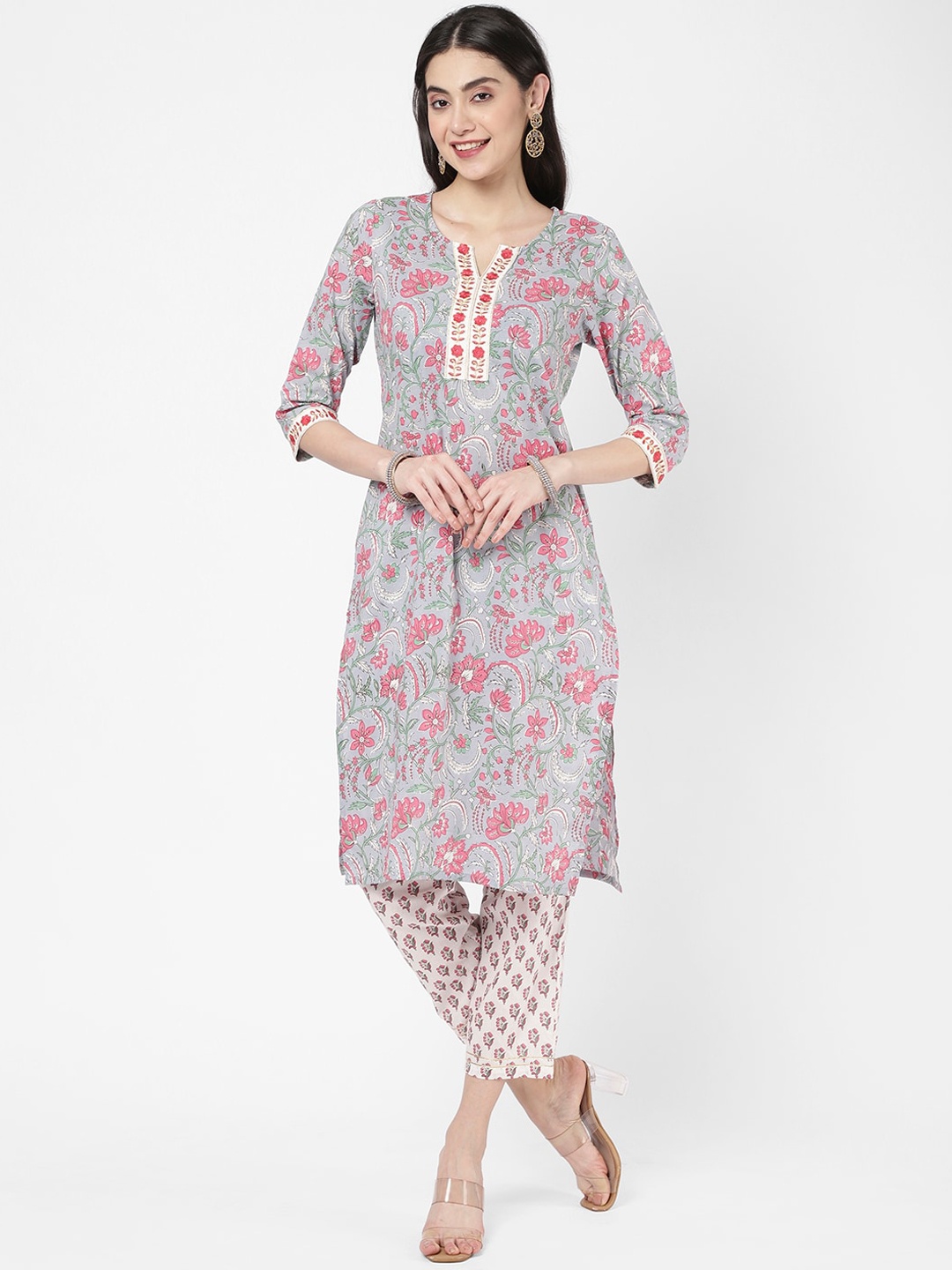 

R&B Women Pink Floral Printed Pure Cotton Kurta with Trouser