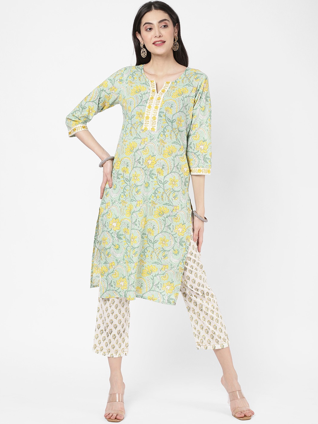 

R&B Women Green Floral Printed Pure Cotton Kurta with Trousers