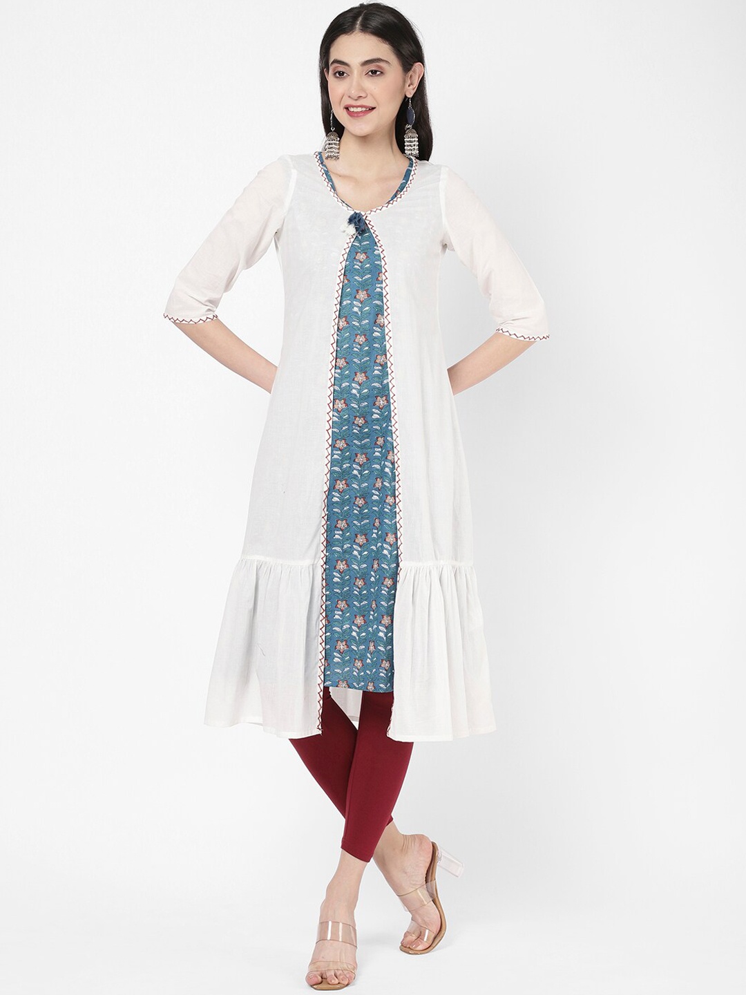 

R&B Women White Floral Printed Pure Cotton Kurta With Leggings & Jacket